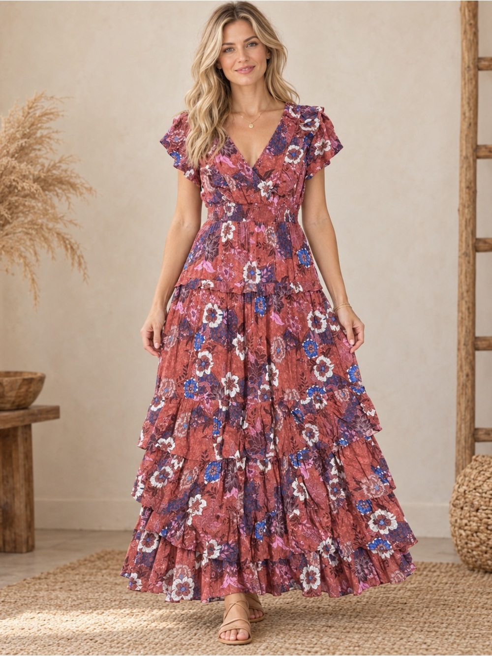 Nurture by Westbound Floral Tiered Maxi Dress in Rust Pink Sz Large